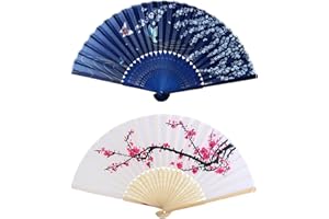 DLICSY 2Pcs Hand Fan Folding with Tassel,Folding Fan Paper Fan Blue White Silk Fabric Handheld Fan Folding Chinese Fan Hand Fans for Women Men Dancing Birthday Wedding Gifts Home Decorations