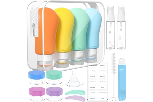 100mlX4 Flacons de Voyage, Bouteille de Voyage Étanches Silicone, Anti-Fuite 17 Pièces Ensemble Flacons Voyage Aéroport pour Shampooing Lotion, Contenant Cosmétique Liquide, Coloré