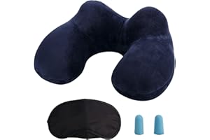 LUZWAY Cuscino da Viaggio Gonfiabile Cuscino Cervicale Collo Cuscini di Supporto Travel Pillow con Federa Lavabile, Inclusa Tappi per Le Orecchie, Maschera, per Viaggi Aereo Auto Treno Ufficio,Blua