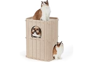 FUKUMARU Niche pour Chat d'Intérieur, Nid de Chat Grande Maison à 2 Étages, Grotte Confortable Recouverte de Feutre Lits pour Chats, 45x36,5x60 cm, Camel