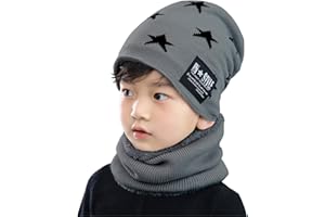 RUIXIA Kids Warm Knitted Beanie Hat with Circle Loop Scarf Set Soft Fleece Lined Skull Beanies Cap Neckerchief Scarf Set Winter Thermal Hat Scarf Set for 4-12 Years Boys Girls