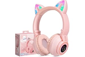 JYPS Słuchawki dziecięce, bezprzewodowe, podświetlane, kocie ucho, słuchawki Bluetooth, nauszne dla dzieci, składane słuchawki z mikrofonem do tabletu Amazon Fire, laptopa, iPada (różowe)