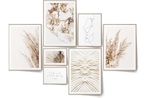 BLCKART Bohemian Dream Set d'affiches beiges imprimées recto-verso pour chambre à coucher, chambre, herbe de la pampa, décoration murale (L | 4 x A3 | 1 x A4 | 2 x A5 | Sans cadre)