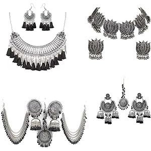 COSMO DUST Fashion Latest Antique Design Stylish Traditional Alloy Necklace, Earring & Maang Tikka Jewellery Set for Women - Black