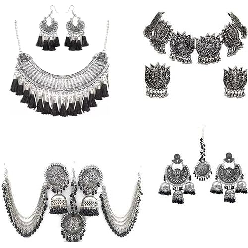 COSMO DUST Fashion Latest Antique Design Stylish Traditional Alloy Necklace, Earring & Maang Tikka Jewellery Set for Women - Black