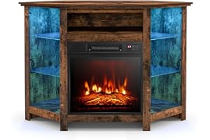 COSTWAY Electric Fireplace Insert TV Stand, Corner Entertainment Center with 16 Color LED Lights, 3-level Flame Fireplace Heater, Remote & Smart APP Control, TV Console for TVs up to 50" (Brown)