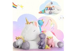 MorisMos Unicorno Peluche Gigante per Bambina, 55cm Mamma Unicorno Gigante con 4 Kawaii Unicorno Bambino, Bianca Peluche Unicorno Regalo per Bambino Natale Compleanno San Valentino