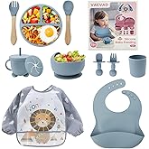 Baby Weaning Set, 11PCS Silicone Baby Plate with Suction Cup, Silicone Baby Bib, Spoon, Fork & Sippy Cup, Baby Tableware - Ba