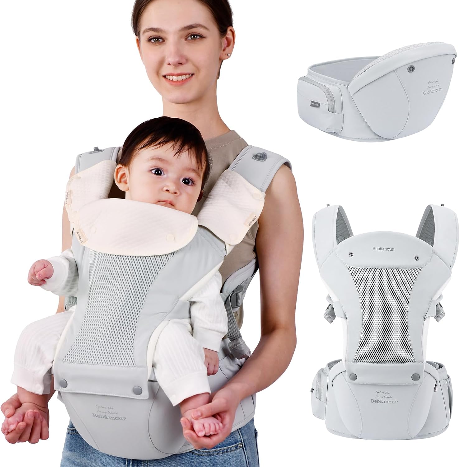 Bebear Mochila portabebés para 0 – 36 meses, mochila de malla de aire 3D para recién nacidos hasta niños pequeños, portabebés ergonómicos 6 en 1 (gris claro)