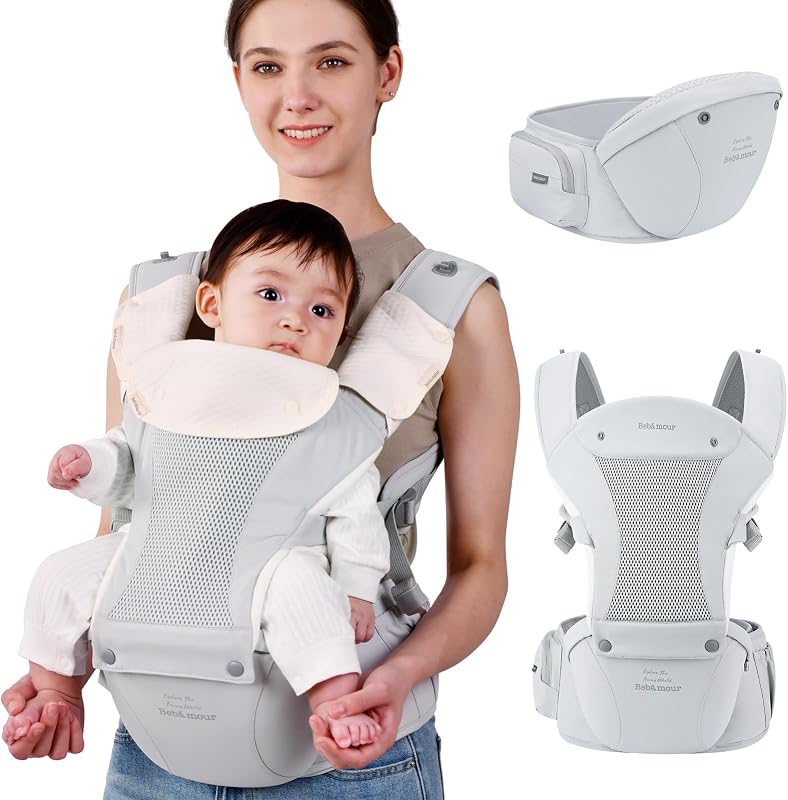 Bebear Mochila portabebés para 0 – 36 meses, mochila de malla de aire 3D para recién nacidos hasta niños pequeños, portabebés ergonómicos 6 en 1 (gris claro)
