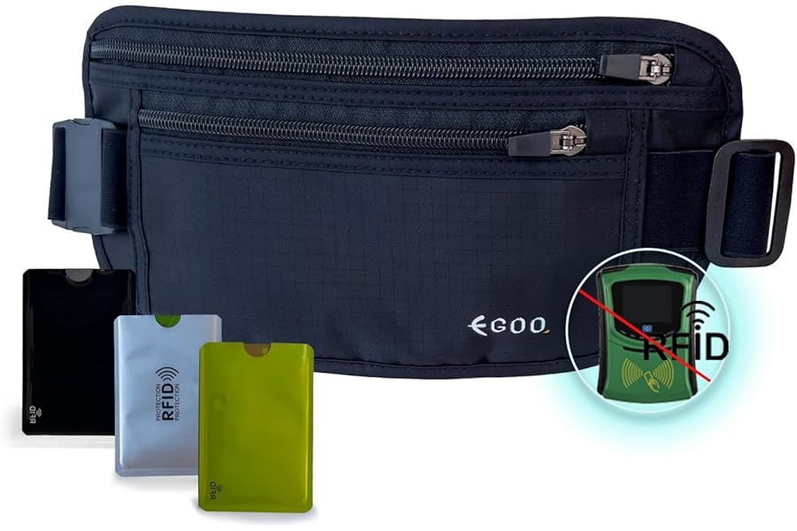EGOO - Ultralight RFID Money Belt with Adjustable Elastic Strap for Travel Hidden Security Waist Money Pouch with Multi-Pocket + 3 RFID Card Protector Sleeve (Black)
