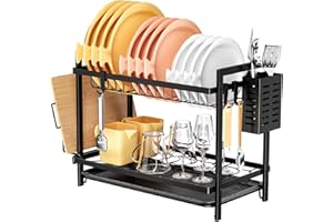 Fousenuk Scolapiatti da Appoggio per Lavello a 2 Livelli, Nero, Scola Piatti con Vassoio di Raccolta e Portaposate, Multifunzionale Staccabile Scolapiatti da Appendere