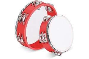 Flexzion Tamburin, Handtrommel mit Handgriff - 2er-Pack, 20cm+15cm Schellenkranz in Mond-Form aus Holz, Musik Schlaginstrument, zweireihige Schellenring mit Metall Schellen, Rot