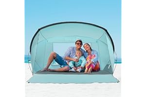OutdoorMaster Beach Tent for 3-4 Person - Easy Setup and Portable Beach Shade Sun Shelter Canopy with UPF 50+ UV Protection Removable Skylight Family Size - Light Green
