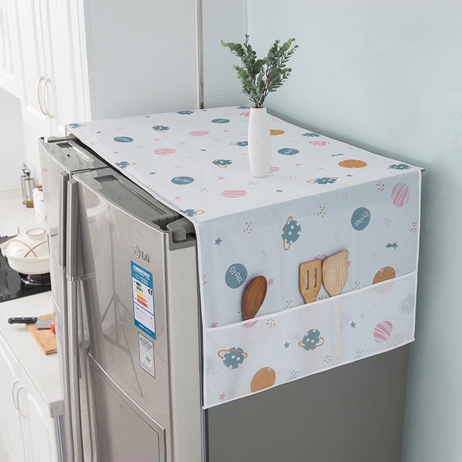 wolpin 1Pc Fridge Cover for Top Double Door with 6 Utility Pockets Designer Prints Waterproof