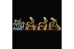 Christow Santa Sleigh Reindeer Light, Outdoor Christmas Decoration, Energy Efficient Multi-Coloured LED Rope Light, Free Standing Flashing Silhouette, Mains Operated (L300cm x H90cm)