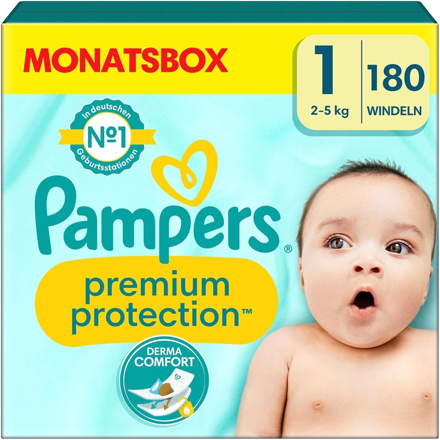 Pampers Premium Protection Lot de 180 couches pour bébé Taille 1 (2-5 kg) Nouveau-né Paquet semi-mensuel Excellent confort et protection pour les peaux sensibles