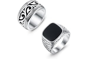 JeryWe 2 Piezas Acero Inoxidable Anillo de Sello Grande con Piedra Negra Turquesa para Hombres Vintage Biker Anillo Talla 14-27estiloB20