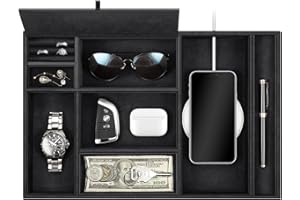 SITHON Organizer na biurko – 8 przegródek, taca EDC, skóra PU, szafka nocna, pojemnik na monety, organizer do przechowywania biżuterii, czarny