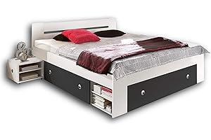 ‎STELLA TRADING Stella Trading STEFAN Doppelbett Bettanlage 140 x 200 cm mit 2x Nachtkommoden - Schlafzimmer Komplett-Set in weiß / Graphit - 145 x 86 x 204 cm (B/H/T)