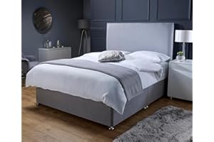 Savako Premium - Grey Plush Divan Bed with Memory Foam Mattress and Headboard with Chrome Feet - (4ft6 Double - 137cm x 190cm)
