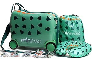 Aerolite MiniMax 45x36x20cm Valigia cavalcabile bambini per Easyjet 29L Trolley Bagaglio a mano per bambini - Set di bagagli 45x36x20 con borsa, cuscino da viaggio e adesivi - Dinosauro