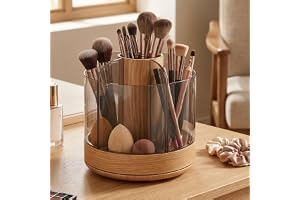 Cuifati 360° Roterande Sminkborstes Arrangörslåda med 6 Fack, Wood Grain Desktop Multi-Fack Förvaring för Kosmetikaborstar Pe