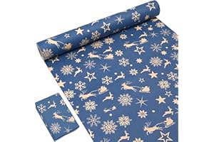 OTMVicor Rouleau de papier cadeau kraft recyclable, bleu marine imprimé avec étoile, flocon de neige, élan, motif festif pour emballage cadeau de Noël - 15 m x 43 cm
