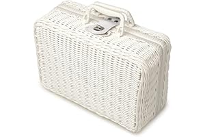 YIMINI Geflochtener Rattan-Koffer Aufbewahrungskorb mit Griff, Gewebte Picknickbox, Handgewebt, mit Metallschloss, Vintage Geschenkbox aus Weide für Camping, Hochzeit, Fotografie, Deko (Weiß)