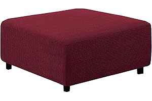 qiden Square Footstool Cover Jacquard Plush Thicker Large Stretch Pouffe Cover Anti-Slip Ottoman Slipcovers With Elastic Bottom, Machine Washable-Wine Red-XLarge