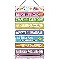 KAIRNE Playroom Rules Wood Sign Hanging Wall Art,Everyone is Welcome Inspirational Quotes Wall Decor for Kids Room,Colorful Rainbow Color Wooden Plaque for Childrens Bedroom Decoration