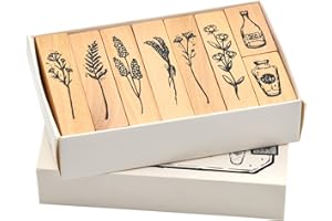 Skyzone Timbro di Gomma in Legno per Artigianato, 8 Pezzi Set di Timbri con Stampa Vintage, Timbri Decorativi di Piante e Fiori per la Creazione di Carte, Scrapbooking Fai da Te
