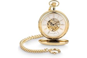 Hermann Jäckle Orologio da taschino Vienna placcato oro per uomo alla moda, movimento scheletrico a carica manuale, artigianato di qualità, con catena e custodia da viaggio, gold, Retrò