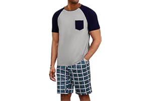 Jahetuul Pyjama Homme Court Pyjama en Coton D'été pour Homme Ensembles de Pyjama Homme 2 Pièces Pyjama Court pour Homme Ete Vêtements de Nuit Short à Carreaux Vêtements de Détente Doux et Confortable