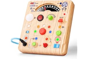 HOLLYHI Montessori Busy Board with 13 LED Lights Simulated Ammeter - Wood Grain Sensory Toy for Toddlers 1 2 3 Years Old - Activity Board for Fine Motor Skills - Birthday for Boys Girls