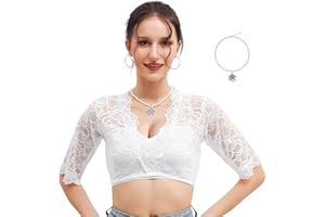JJKOL Dirndl Bluse Damen, Dirndlbluse Spitze mit 1 Edelweißkette, Dirndlblusen Dirndl Bluse Spitze, Trachtenblusen Traditionelles Stretchhemd V-Ausschnitt Für Bayrische Tracht Oktoberfest, Weiß