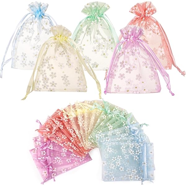 100 Pochettes Cadeau Organza 7x9cm - Cœur Doré, Fermeture Cordon - Pour Bijoux, Bonbons, Mariage