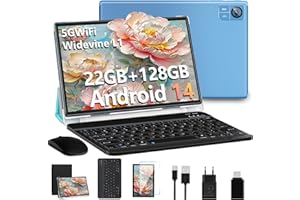 SUAAT 2025 Tablet 10 Pollici Android 14 con 22GB RAM 128GB ROM (1TB TF espandibile), WiFi 5G, 8-core 2.0 Ghz, 8000mAh, Widevine L1, Tablet Touch con Tastiera| Mouse| Custodia-Blu