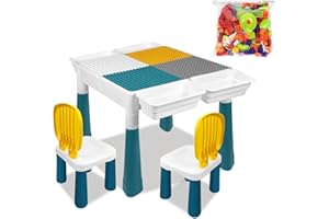 ‎CEEDIR CEEDIR 6 in 1 Kindertisch Spieltisch Multifunktionaler Aktivitätstisch Set Basteltisch mit 163 Stück Bausteine & 2 Stühle für Kinderzimmer und Kindergarten für Kinder Baustein Tisch Stuhl