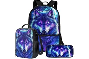 Wnbucioht Animal Wolf School Backpack Set for Kids Boys Backpack 10-12 Years Old,Purple Wolf Print School Bookbag and Lunchbox Pencil Case for Kindergarten Elementary Schoolbags Set 3 Pcs
