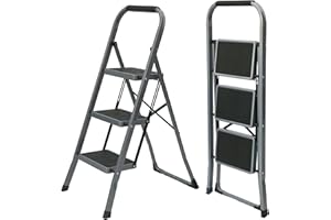 UZIRO Escalera Plegable 3 Peldaños -Estructura de Acero y Peldaño Antideslizante - Asa Superior de Goma - Escaleras Plegables Domésticas - Step Ladder para Hogar (Gris, 3 Peldaños)