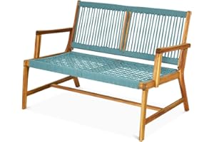 RELAX4LIFE Garden Bench, 2 Seater Acacia Wood Patio Loveseat, Indoor Outdoor Double Leisure Lounge Chair for Porch Balcony Poolside (Turquoise+Teak)