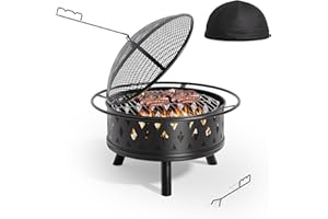 Xbro Braciere da Giardino Ø76 cm, con Griglia, Parascintille e Copertura Impermeabile, Braciere Esterno per Riscaldamento, Barbecue e Campeggio, Nero