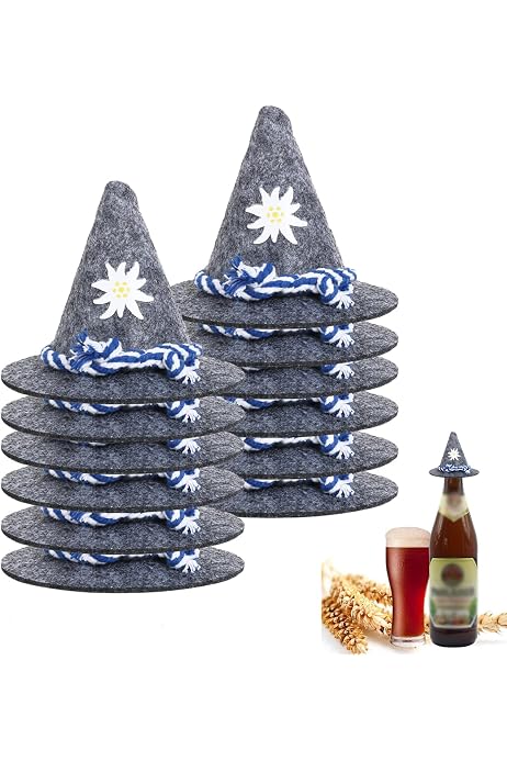 Lot De 10 Mini Chapeaux Bavarois En Feutre - Décoration Table Fête De La Bière - Chapeau Tyrolien Gris Cordon Bleu Blanc