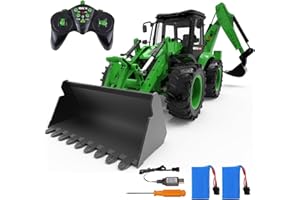 fisca RC Backhoe Pelleteuse télécommandée, échelle 1/14, 2,4 GHz, véhicule de chantier, 9 canaux, entièrement fonctionnel, avec sons et lumières pour enfants de 8, 9, 10, 11, 12 ans