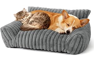 DOLLGIFT Cat Sofa Beds for indoor Cats - 76x50cm, Cat Couch with Removable Machine Washable Cover, Fluffy Faux Rabbit Fur Pet Sofa for Cats Small Dog Puppy Kitten, Grey M