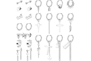 Kakonia 26pcs Boucles d'Oreilles Noires pour Hommes Boucles d'Oreilles en Acier Inoxydable Hoop Emo Hommes Boucles d'Oreilles Chaîne Croix Boucles d'Oreilles 18G Piercing Bijoux