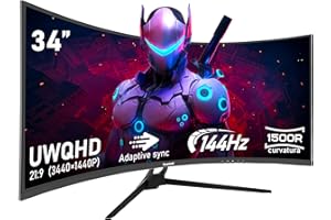 Gawfolk Monitor Ultrawide Da 34 Pollici 1500R Curvo 144Hz Monitor Per Computer Da Gioco, 21:9 UWQHD (3440x1440),Adaptive Sync,HDR,Angolo di visione 178°,HDMI、Display Port,VESA75×75MM - Nero