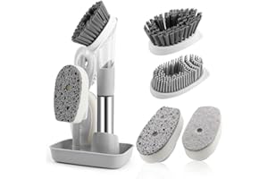 VMUTGA Spazzola Lavapiatti con Manico, 4 in 1 Spazzola Pulizia Stoviglie, Spazzola di Pulizia con Testine Intercambiabili, Spazzola di Pulizia Multifunzione per Pentola, Pan(Grigio)