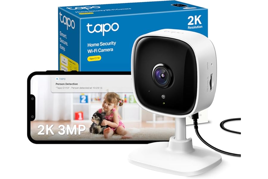 Tapo C110 2K 3MP Indoor Camera House Security, WiFi, No Monthly Fee, AI Detection, Dog Puppy, Baby Monitor, 2-way Talk, Advanced Night Vision, Works with Alexa & Google